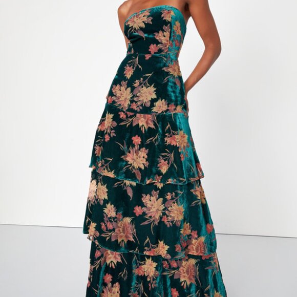 Lulus Real Allure Emerald Floral Burnout Velvet Strapless Maxi Dress Green - Picture 1 of 10
